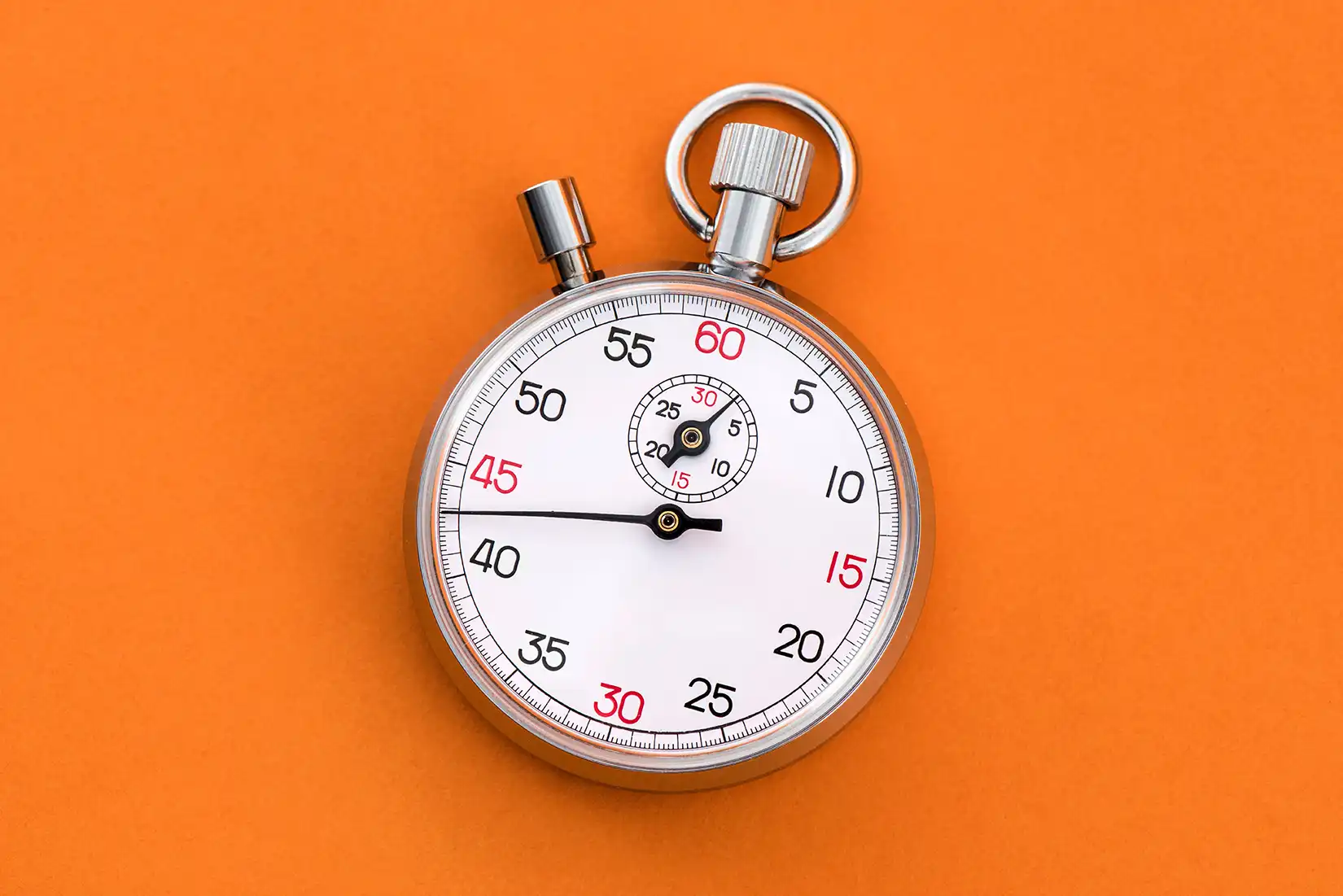Analogue Metal Stopwatch On The Orange Background.