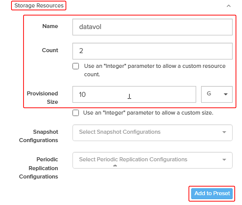 Pure Fusion プリセット機能:Storage Resources 画面でボリューム名、個数、サイズを設定