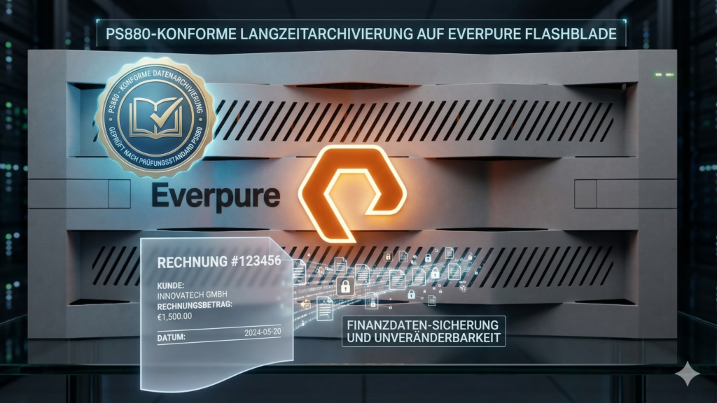 PS 880 als Baustein der Everpure Enterprise Data Cloud Werbegrafik für das Everpure FlashBlade: PS 880-konforme Langzeitarchivierung von Finanzdaten. Zu sehen ist ein modernes Everpure Flashblade Speicher-Chassis in einem Rechenzentrum, ein Prüfsiegel zum PS 880 Standard sowie eine beispielhafte digitale Rechnung, die Sicherheit und Unveränderbarkeit symbolisiert. Damit ist der PS 880 Standard der Baustein der Everpure Enterprise Data Cloud.